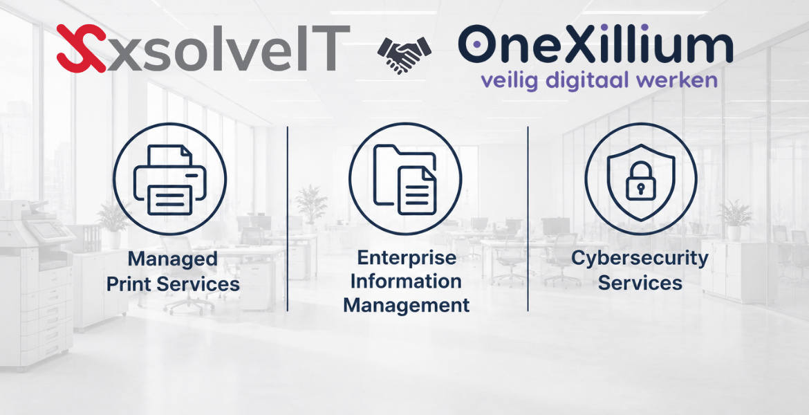 Banner van de samenwerking tussen XsolveIT en OneXillium met focus op Managed Print Services, Enterprise Information Management en Cybersecurity Services.