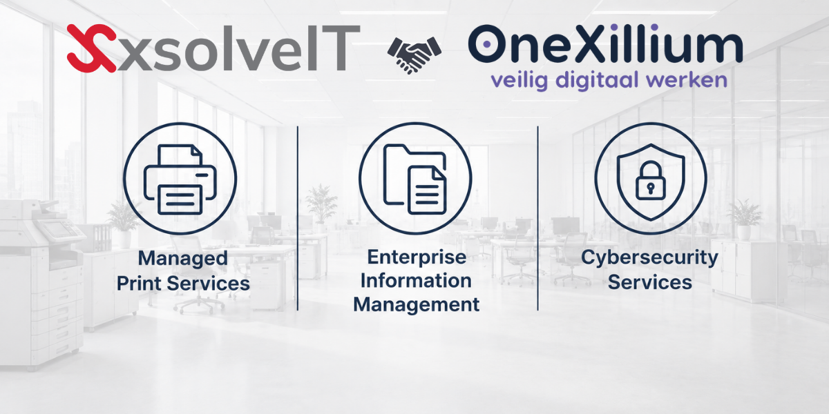 Banner van de samenwerking tussen XsolveIT en OneXillium met focus op Managed Print Services, Enterprise Information Management en Cybersecurity Services.